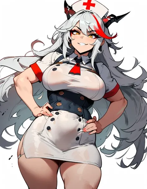 1girl, aegir (azur lane), azur lane  masterpiece, best quality, very aesthetic, absurdres, newest  sportive body,   by nyantcha,,by cutesexyrobutts,by khyle ///// white hair with a single prominent red streak, black horns, yellow eyes,  , white (nurse outf...