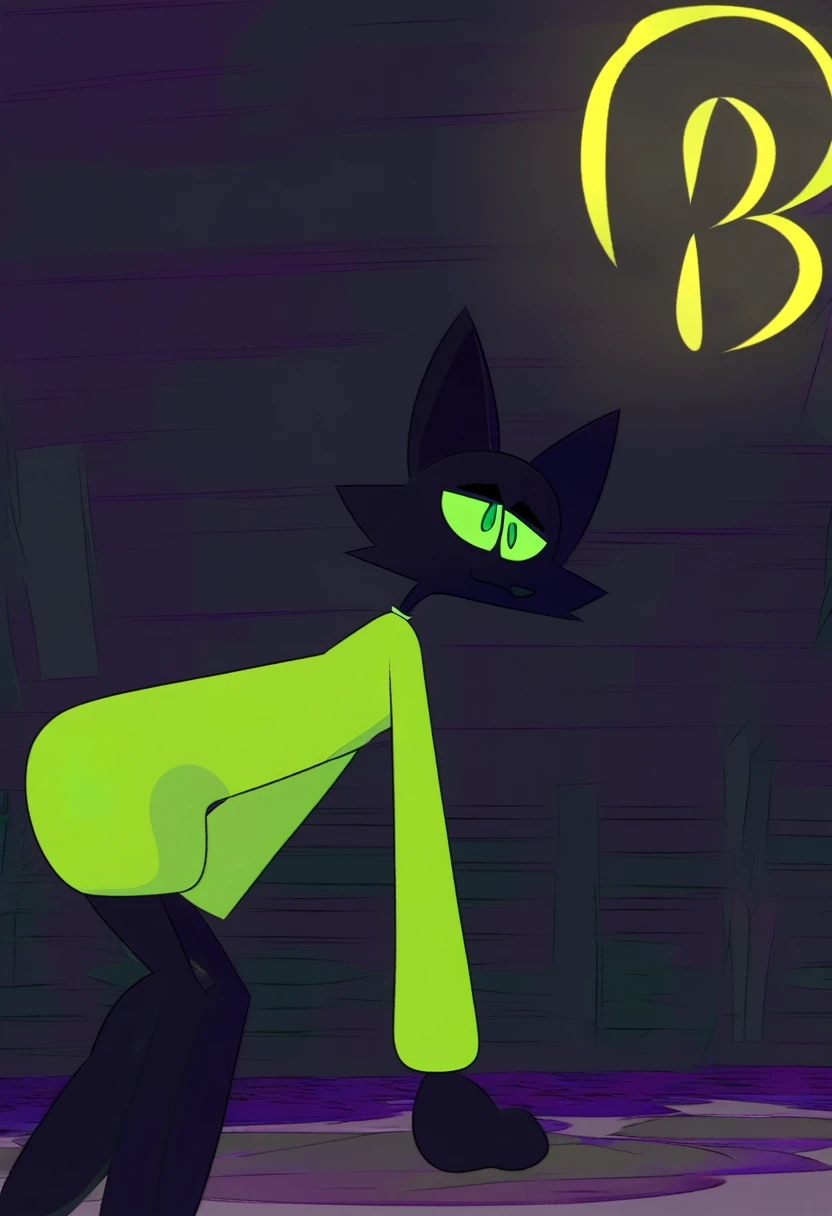 all black feline guy, cartoonish, 3d animation, green eyes, lime slitted pupils, walking around basement, Pixar animation, dim lighting, spherical head, long thin tail, thin, skinny, tall, pointy triangle ears, 3d shapes body, green sweater, extremely pitc...