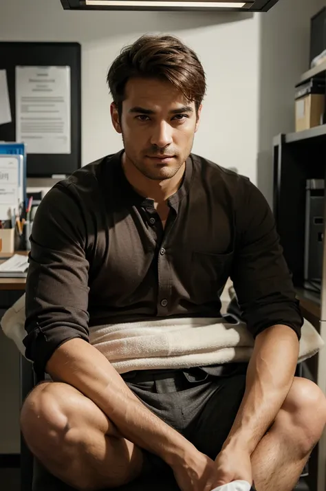 an office man with a masculine appearance, sitting in a chair in a work room with a work desk