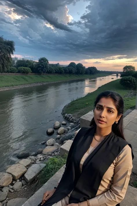 Modi ji listening song with eyerphones near river in dark clouds