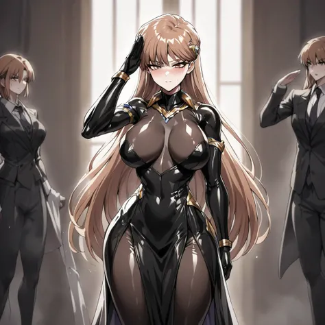 ((Highest quality)), ((masterpiece)), (detailed), （Perfect Face）、The woman is Princess Leona, with light brown, medium-long hair, wearing a shiny black, lewd, bare-shouldered bodysuit with an open-front skirt, standing upright and saluting, becoming an evi...