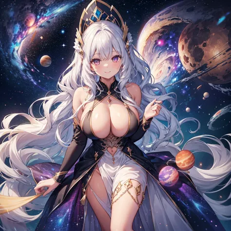 Woman with very long wavy galaxy hair tan skin, massive breast,  wearing a beautiful dark majenta  glitter dress and smiling up. Little, surrounded by outerspace, planets, and galaxies