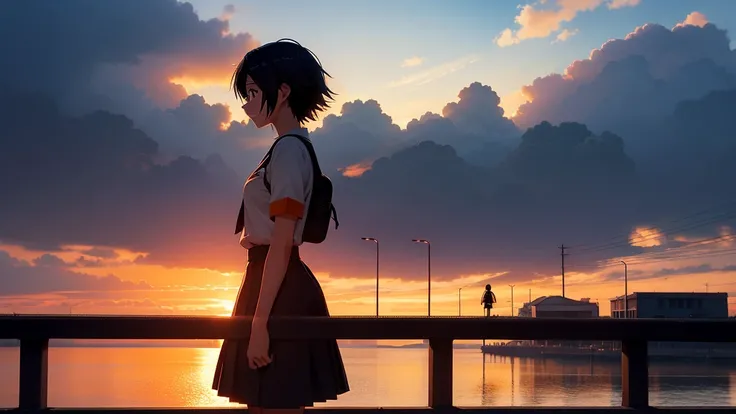 Anime girl watching the sunset on a bridge, Bridge over the canal, Girl in uniform, silhouette, Orange sunset sky, Makoto Shinkai style, Makoto Shinkai style, 2D