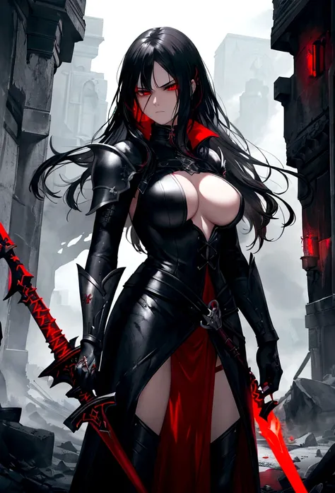 a woman with black hair and white streaks, sad expression, holding a large red sword, detailed red eyes, detailed red sword, cinematic lightning, dramatic lighting, dark fantasy, dramatic atmosphere, epic fantasy, dark moody, dark and gritty, photorealisti...