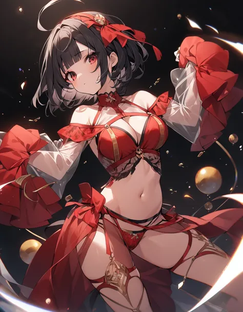 1girl,solo,blunt-bangs,19 years old,short-hair,large_breasts,black-hair,red-eyes, Its a red silk off-the-shoulder dress that reaches just below the chest, revealing the navel. The shoulders and chest are wide open, and the sleeves are see-through and flare...