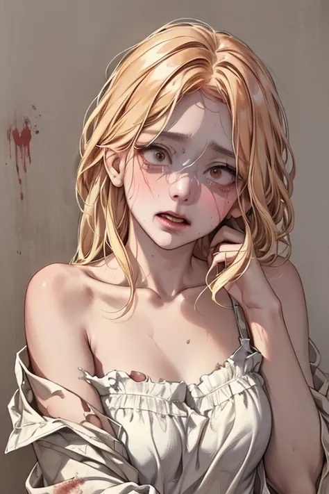 Highest quality, (Background details), , Frightened Eyes, Frightened face、, whole body、 Torn underwear、Urine, Urineを漏らす、Bruises、Blood、scratch、High Contrast, Super Beauty, Detailed original illustrations, Sensual, Delicate face, Charm, sexy, looking at the ...