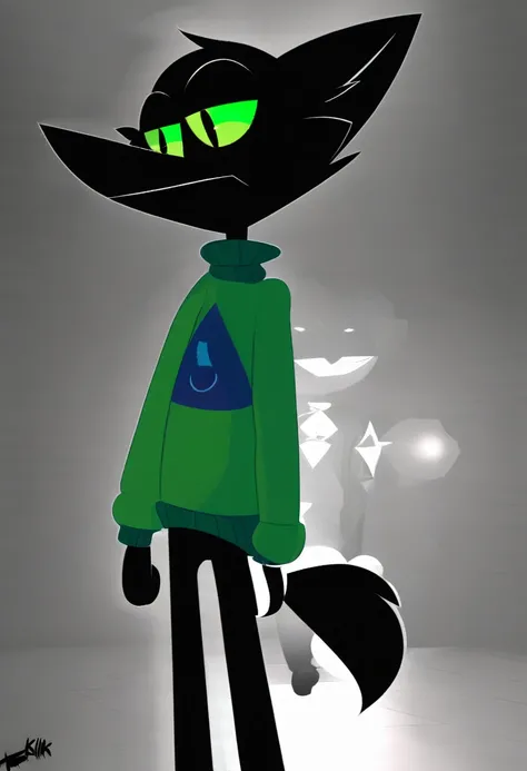 all black feline guy, cartoonish, 3d animation, green eyes, lime slitted pupils, walking around basement, Pixar animation, dim lighting, spherical head, long thin tail, thin, skinny, tall, pointy triangle ears, 3d shapes body, green sweater, extremely pitc...