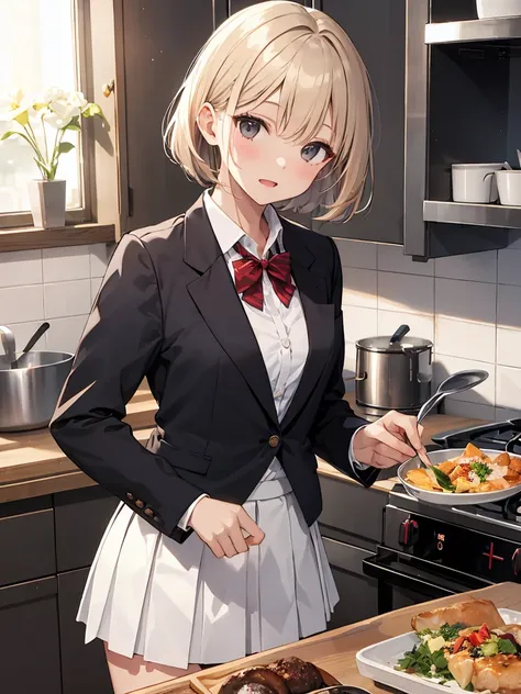 In one girl、fun、High school blazer with popular design、shirt、pleated skirt、white skirt、（small breasts ) en clase,black short hair, black eyes, lazo color rojo, clase de cocina, cocinando, one girl, 