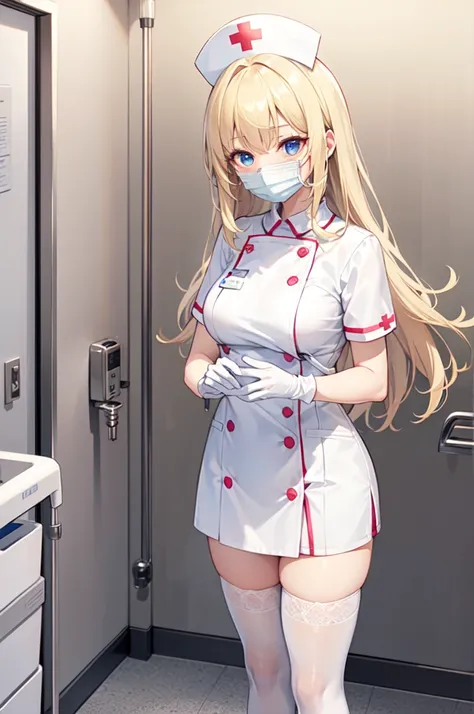 1woman, solo, nurse, white nurse cap, white nurse uniform, ((white legwear, zettai ryouiki)), white gloves, blonde hair, blue eyes, ((white surgical mask, covered nose)), standing, ((hospital room)), sharp outline, short sleeves, mature female, 35 years ol...