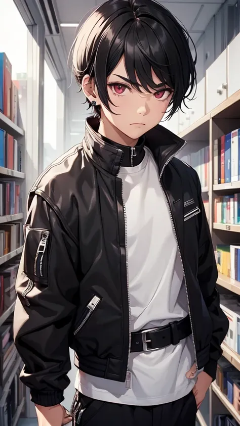 1boy, arm belt, bangs, belt, black hair, black jacket, bookshelf, buckle, closed mouth, ear piercing, earrings, hair between eyes, indoors, jacket, jewelry, long sleeves, looking at viewer, male focus, open clothes, open jacket, piercing, red eyes, shirt, ...