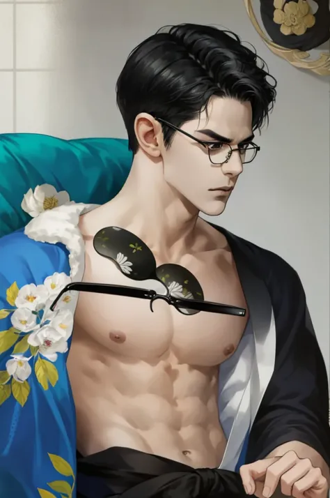 masterpiece, best quality, realistic, 1man, male focus, tall muscular, handsome, [thin eyebrows:0.5], serious, shirtless, portrait, extremely detailed face, black hair, (short hair), shirtless, six packs, full body, Japanese, round glasses, relax