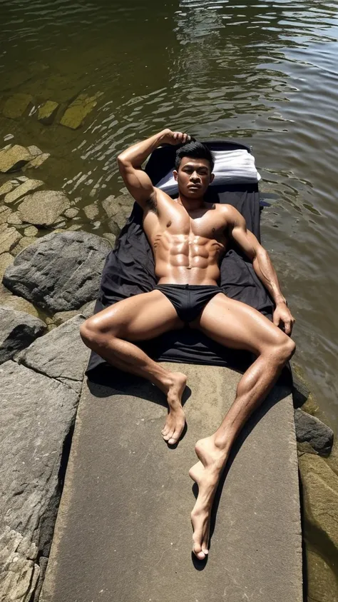 full body portrait photo with natural effect. clothes: Topless,no muscles, skinny, white volleyball shorts,bigger Phallus. shoes: wearing black shoes. situation: Handsome Indonesian young man Is lying down  in the river with his clothes wet from the river ...