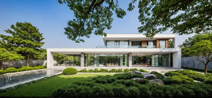 qlcd,tingyuan, photo of modern villa, grassland, garden, shrubs and trees, rock decoration, clear sky, sun light, realistic phot...