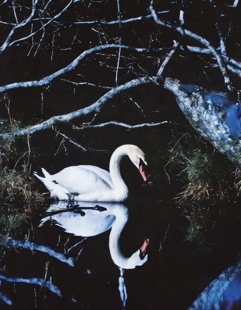 film photography, vintage, close up photo of white swan in black water, blue dark forest night background