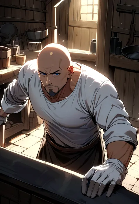 40 year old male, bald head, grey goatee, dark blue eyes, grey tank top, white t-shirt, white gloves, blacksmith