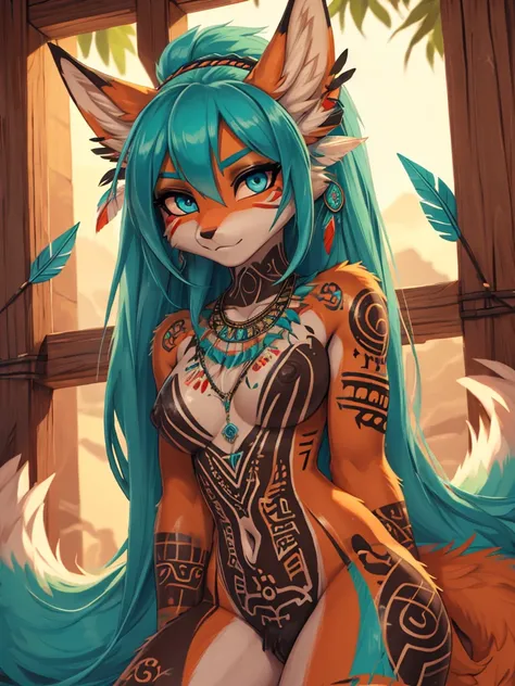 Miku Hatsune,Arabic, tanned skin, High Definition, kitsune ears, tribal tattoo, tribal body painting, censured body painting High Definition, rostro en High Definition detallado 4k, highly detailed irises, colorful feather decorations in hair, red earring ...