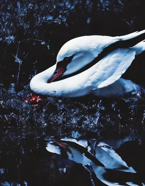 film photography, vintage, close up photo of white swan covered in blood in black water, blue dark forest night background