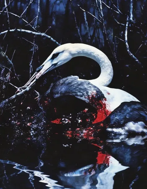 film photography, vintage, close up photo of white swan covered in blood in black water, blue dark forest night background