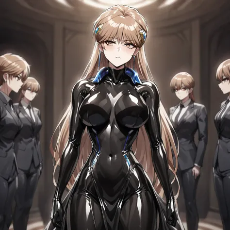 ((Highest quality)), ((masterpiece)), (detailed), （Perfect Face）、The woman is Princess Leona, with medium-long light brown hair, wearing a shiny black sexy bodysuit with an open skirt, standing upright, and becoming an evil female executive.、Women are brai...