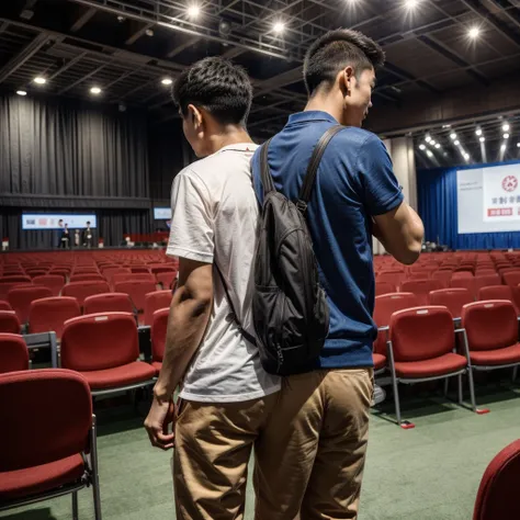 Back photo, In the photo, there is only one young Hong Kong man with his back to the camera.，He is dressed in casual clothes，at the International Exhibition Conference Hall, speak confidently，He was speaking to many audiences in the audience