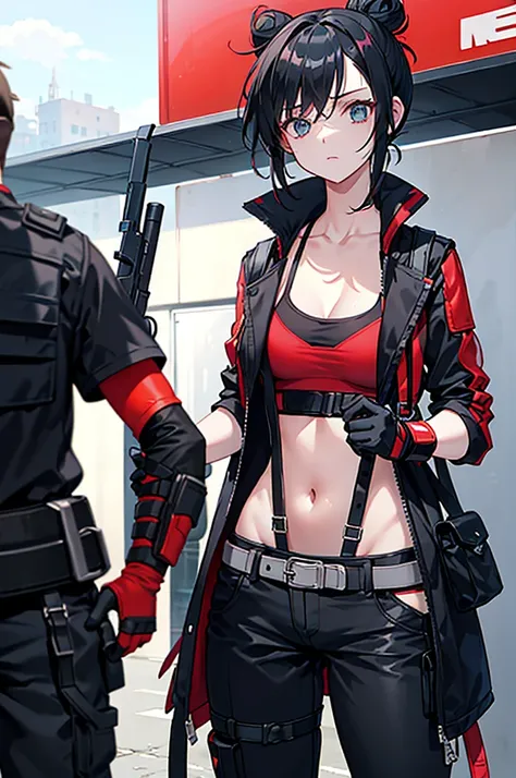 Outfit**: The Machinist wears a black unisex, utility outfit, consisting of a tank top and pants. This outfit is both practical and elegant, designed to offer great freedom of movement. - **Accessories**: She is equipped with a belt with various pockets an...