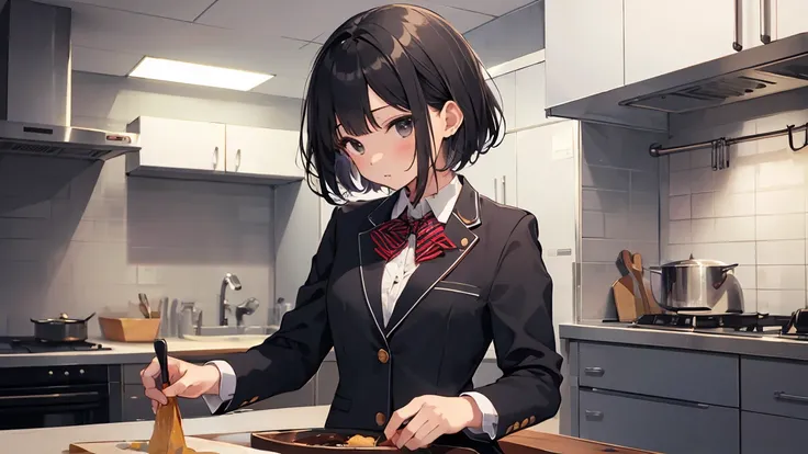 In one girl、fun、High school blazer with popular design、shirt、pleated skirt、white skirt、（small breasts ) en clase,black short hair, black eyes, lazo color rojo, clase de cocina, cocinando