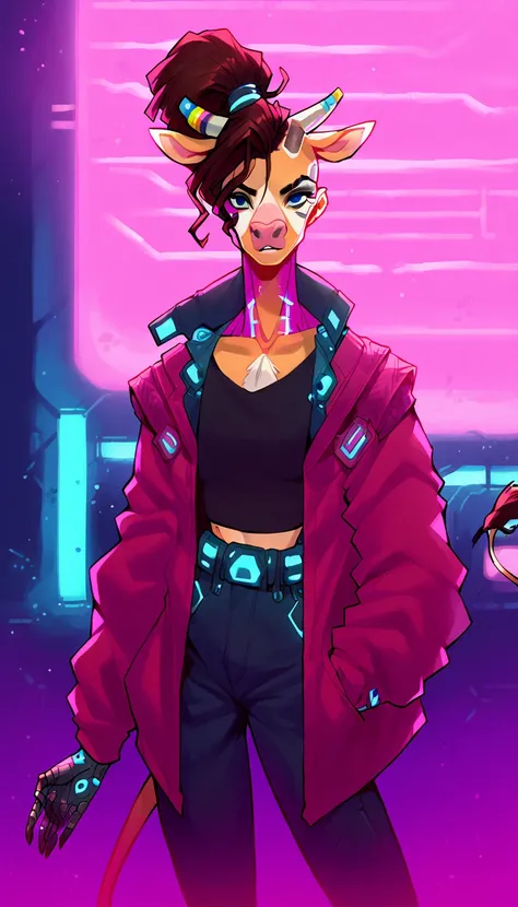 score_9, score_8_up, score_7_up, (cyberpunk buildings, cyberpunk neon signs, cyberpunk cars, cyberpunk-style city on background),
((Cow:1.2), anthro, solo, female, (closeup, portrait, standing), (holding), ((wearing clothes)), ((have fur)), beautiful, (hav...