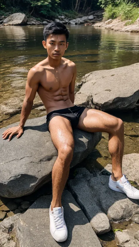 full body portrait photo with natural effect. clothes: Topless,no muscles, skinny, white volleyball shorts,bigger Phallus. shoes: wearing black shoes. situation: Handsome Indonesian young man sitting on a rock in the river with his clothes wet from the riv...