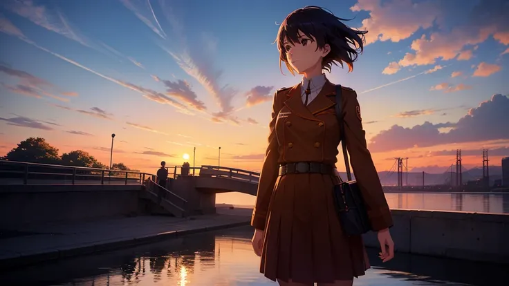 Anime girl watching the sunset on a bridge, The girl has kind eyes，Bridge over the canal, Girl in uniform, silhouette, Orange sunset sky, Makoto Shinkai style, Makoto Shinkai style, 2D