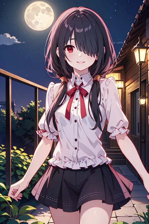  (8K),(anime colored),(masterpiece), (best quality), ((ultra-detailed)), (illustration), (an extremely delicate and beautiful),1girl,solo, tokisaki kurumi, black hair, low twintails, (hair over one eye:1.5), (red eyes:1.2), (small breast:1.2), wizard, smil...