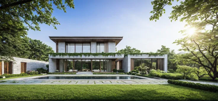 qlcd,tingyuan, photo of modern villa, grassland, garden, shrubs and trees, rock decoration, clear sky, sun light, realistic phot...