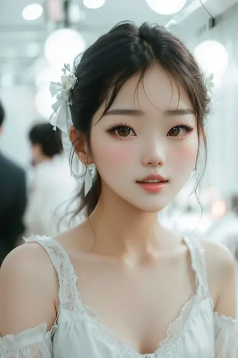 There is a woman taking a photo wearing a dress., A lovely and delicate face, Girl cute beautiful face, Beautiful and delicate face, Jaeyoung Nam, Shin Jinyoung, With a cute - lovely - face, Ulzzang, Beautiful Korean Women, Beautiful young Korean woman, Yo...