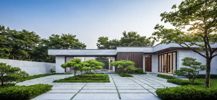 qlcd,tingyuan, photo of modern villa, grassland, garden, shrubs and trees, rock decoration, clear sky, sun light, realistic phot...