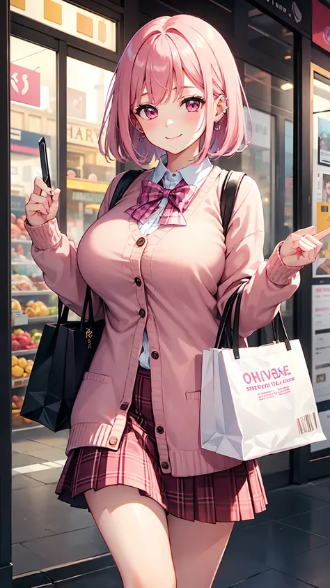 (Holding your phone in your hand),many piercings,Brown cardigan,Pink plaid skirt,Blushing cheeks,smile,Big Breasts,Pink eyes,Pink Hair,Bob Hair,(1 Girl),master piece , best quality,(high resolution),City,Shopping mall