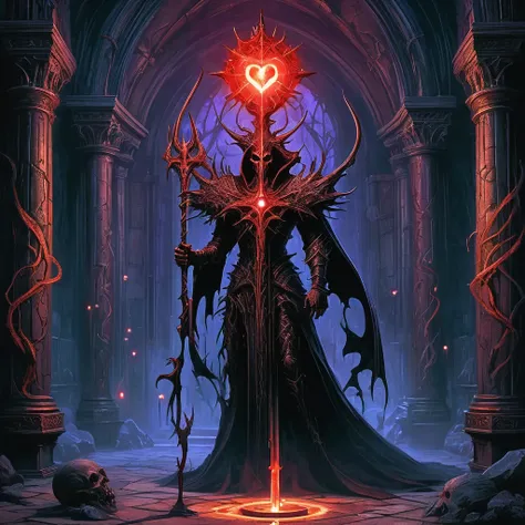 picture a sinister satanic magic staff standing upright in the heart of a dark and ancient cathedral. the staff, crafted from bl...