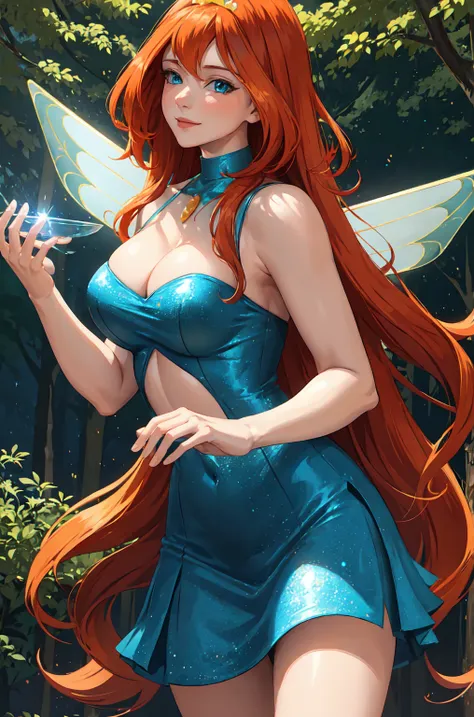 masterpiece, best quality, ultra-detailed, Bloom, milf, mature face, tall, thick, orange hair, blue eyes, bangs, long hair, fairy outfit, blue lingerie, sleeveless, blue skirt, sparkling clothing, fairy wings, tiara, standing, smile, in the forest, cowboy ...