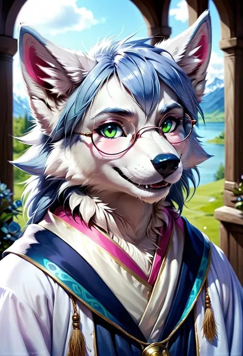 (masterpiece:1.4),(best quality:1.4),((detailed facial features)),wolf，male，mage clothing，robe，blue and white fur，glasses，orcs，o...