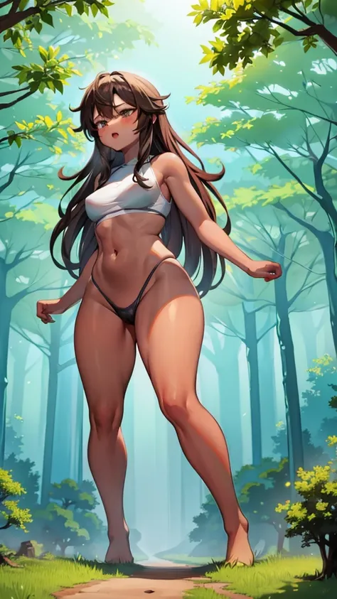 In a forest of large trees there is an even larger Amazonian giantess, with brown skin, black hair, thin, with clothes of the forest, and with very long legs, she is looking for small human invaders of the forest to destroy them so that they do not disturb...