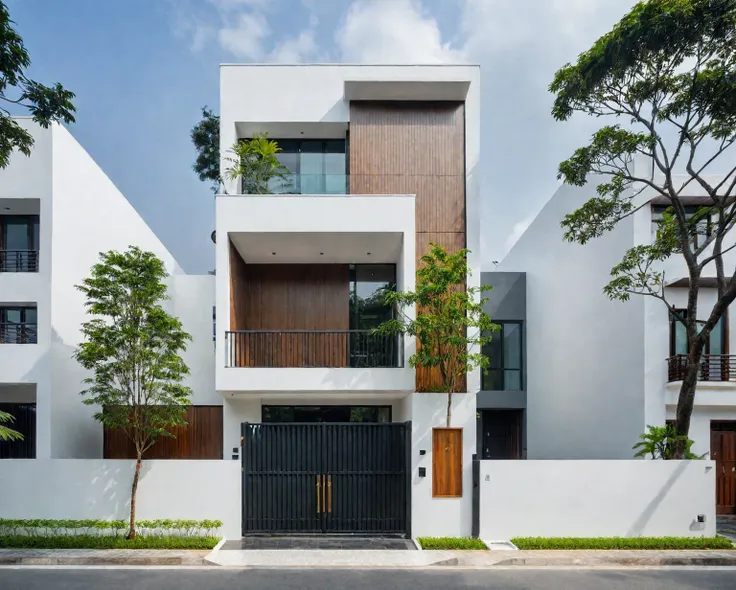 raw photo, a photo of a modern villa, sidewalk, sidewalk trees, steel gate, road, viet nam modern residence, a car parked in fro...