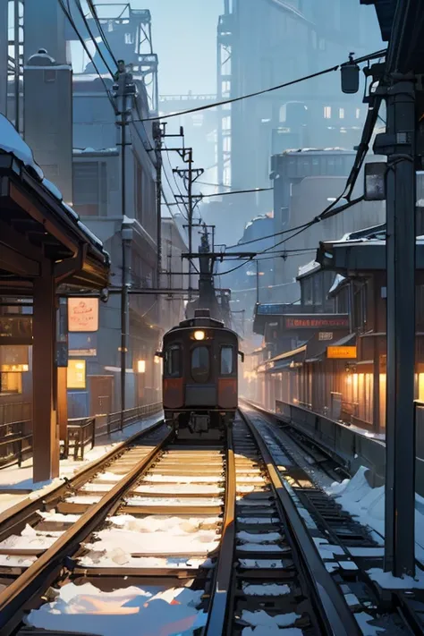 (Scenery before dawn:1.５)、Snow-covered station platform in a rural town、Diesel trains、Extending railway line、winter、Faint starry sky、People waiting for a train、Photorealistic、Photorealistic:1.37、Highest quality、4K、8K、High resolution、masterpiece:1.2、Super d...