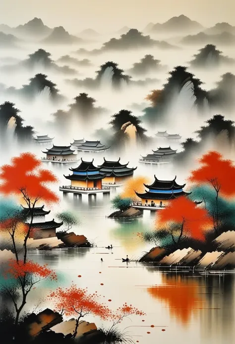 decorative painting in living room：geometric abstract ink，describe jiangnan landscape architecture complex，wu guanzhong&#39;s st...