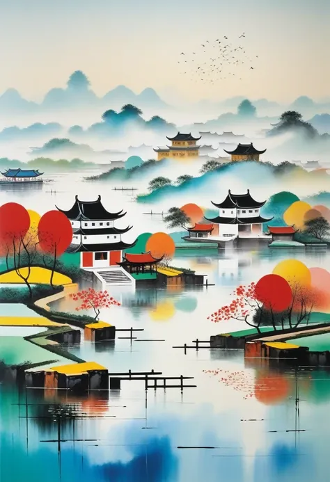 decorative painting in living room：geometric abstract ink，describe jiangnan landscape architecture complex，wu guanzhong&#39;s st...