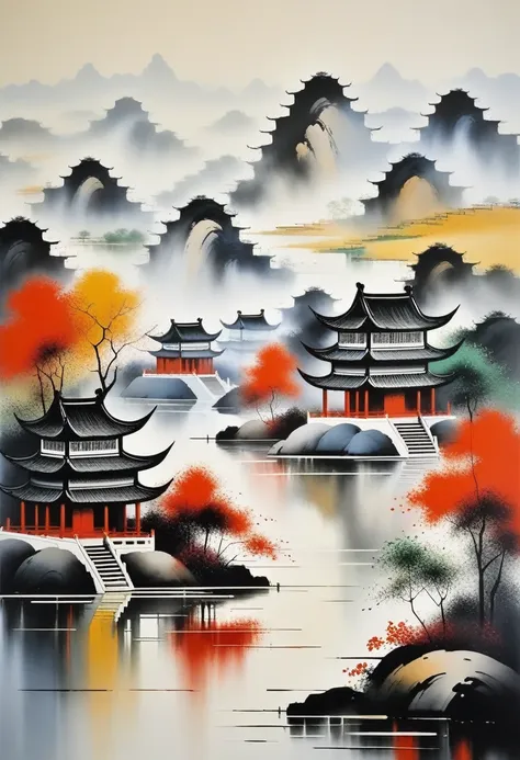 decorative painting in living room：geometric abstract ink，describe jiangnan landscape architecture complex，wu guanzhong&#39;s st...