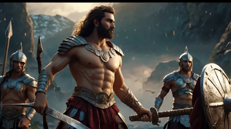 blurred image of a man with sword and armor, Jason Momoa as Assyrian, henry cavill as a greek god, detailed cinematic rendering, in-game cinematic, fantasy style 8k octane rendering, cinematic 3d render, still cinematic epic, epic scene of Zeus, cinematic ...