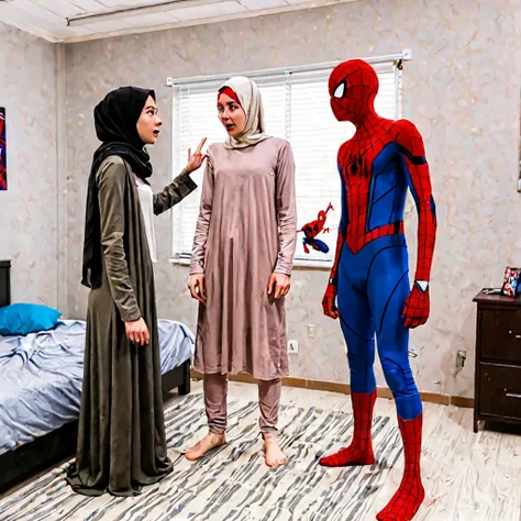 Pale skin Woman in straight hijab debating with marvel spiderman Peter Parker in young room full body  standing two person 