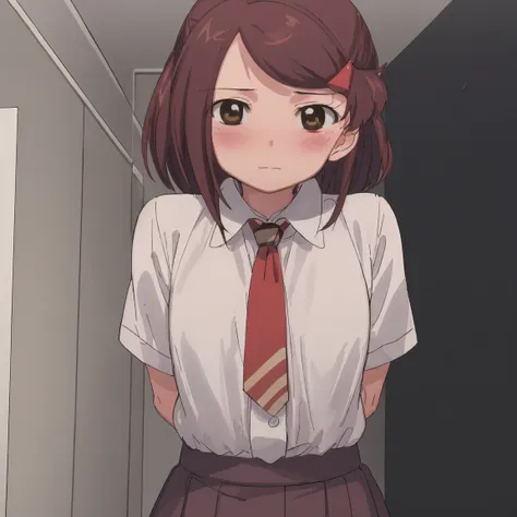 1girl, (suminoe_ako:1.3), standing, solo, blush, upper body, closed mouth, skirt, white shirt, (red necktie:1.0), looking at viewer, (brown:1.0) short sleeves, arms behind back