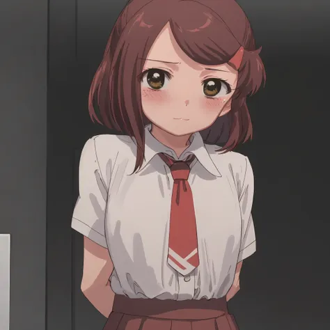 1girl, (suminoe_ako:1.3), standing, solo, blush, upper body, closed mouth, skirt, white shirt, (red necktie:1.0), looking at viewer, (brown:1.0) short sleeves, arms behind back