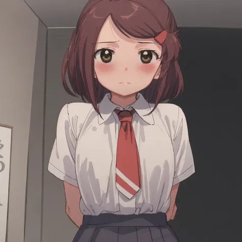 1girl, (suminoe_ako:1.3), standing, solo, blush, upper body, closed mouth, skirt, white shirt, (red necktie:1.0), looking at viewer, (brown:1.0) short sleeves, arms behind back