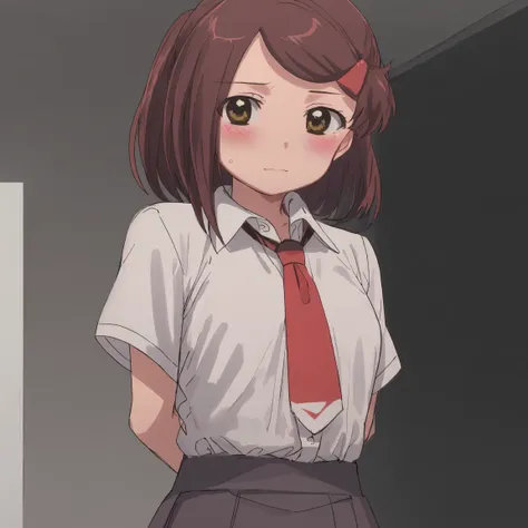 1girl, (suminoe_ako:1.3), standing, solo, blush, upper body, closed mouth, skirt, white shirt, (red necktie:1.0), looking at viewer, (brown:1.3) short sleeves, arms behind back