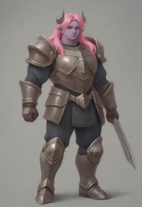 a purple skin man, with pink hair and horns, buff, athletic, big muscles, armor, warrior, big chest